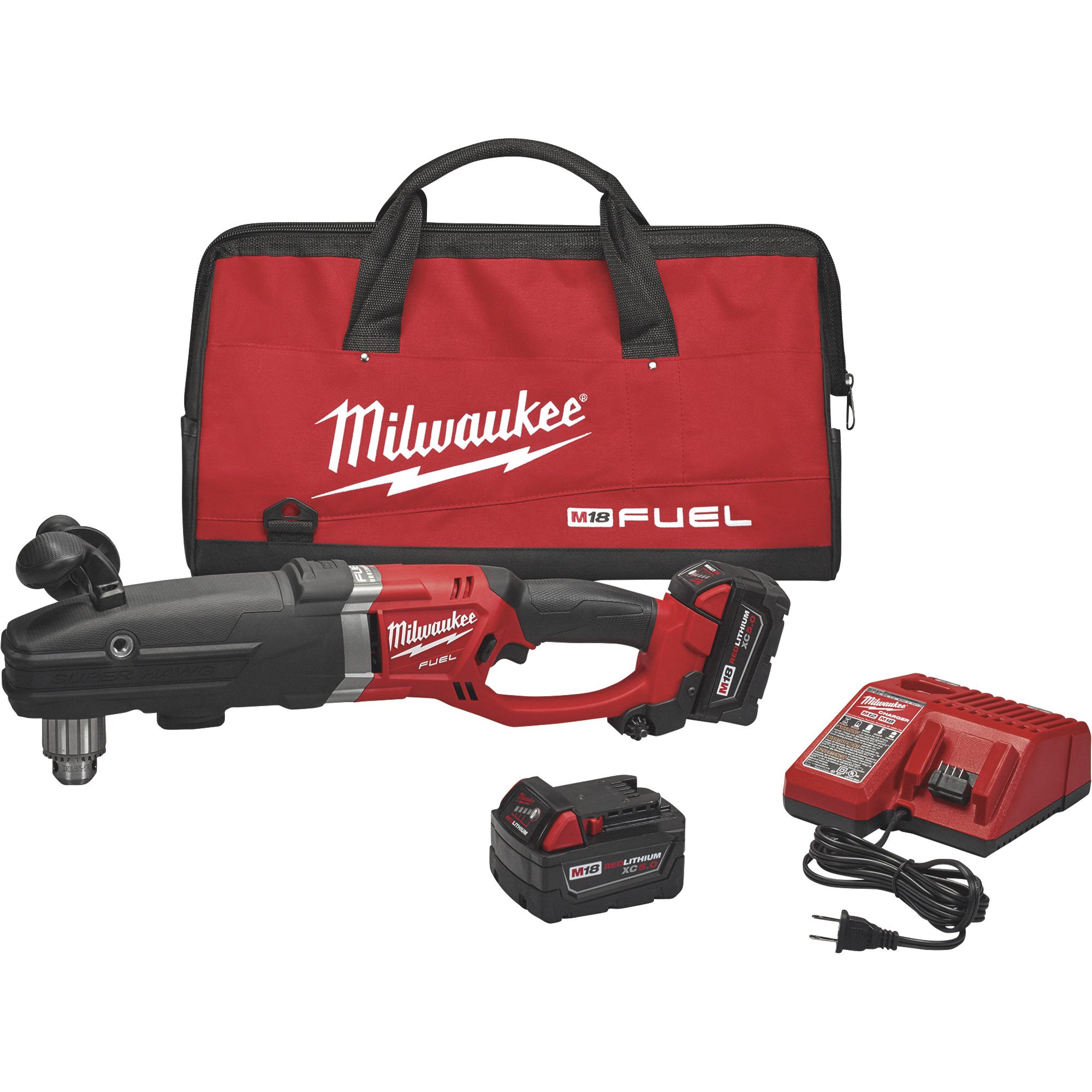 Milwaukee M18 Fuel Super Hawg Right Angle Drill — With 2 Battery Packs, 18 Volt, 1/2in. Keyed Chuck, 950 RPM, Model# 2709-22